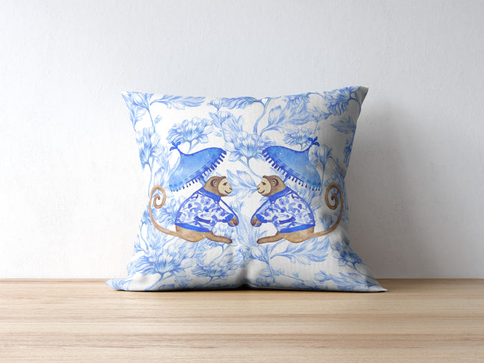 Chinoiserie Monkeys Cotton Pillows Blue Floral