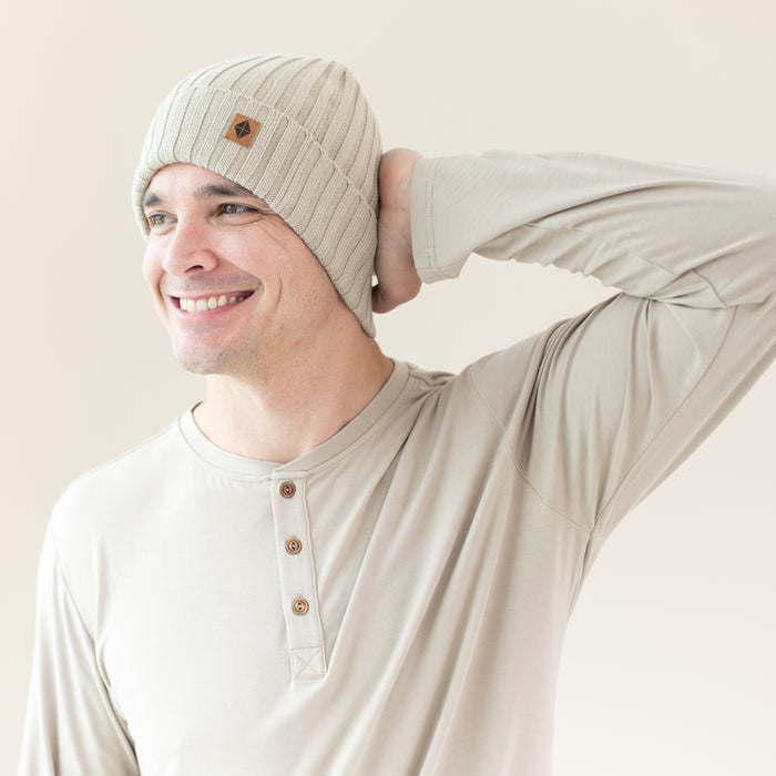 Man modeling Chunky Knit Adult Ribbed Beanie in Almond side view
