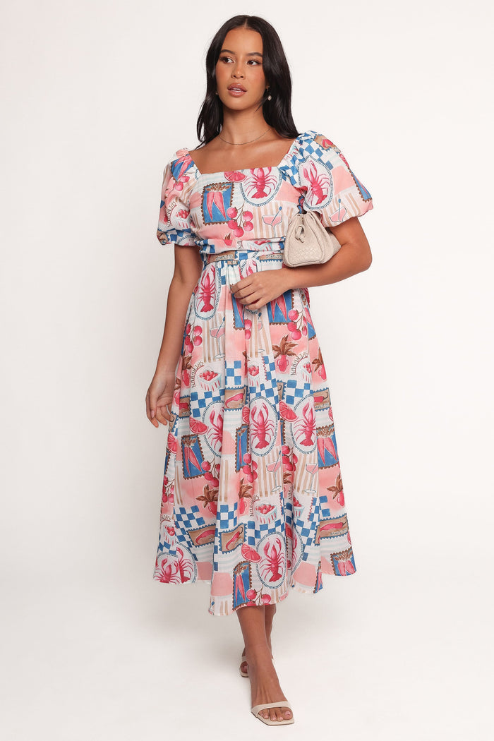 Petal and Pup USA DRESSES Clo Puff Sleeve Midi Dress - Pink Blue (Hold for Amazon)