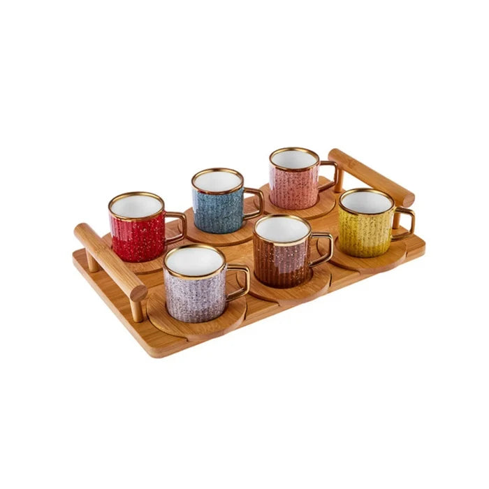 Coffret de tasses à café pour 6 personnes avec plateau en bambou Karaca, coloré, 90 ml