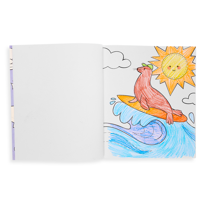 Outrageous Ocean Coloring Book colored in page with a seal on a surfboard