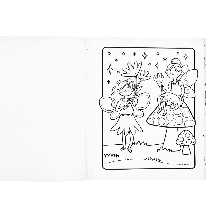 Uncolored fairies sitting on mushrooms from the OOLY Princesses and Fairies Coloring Book