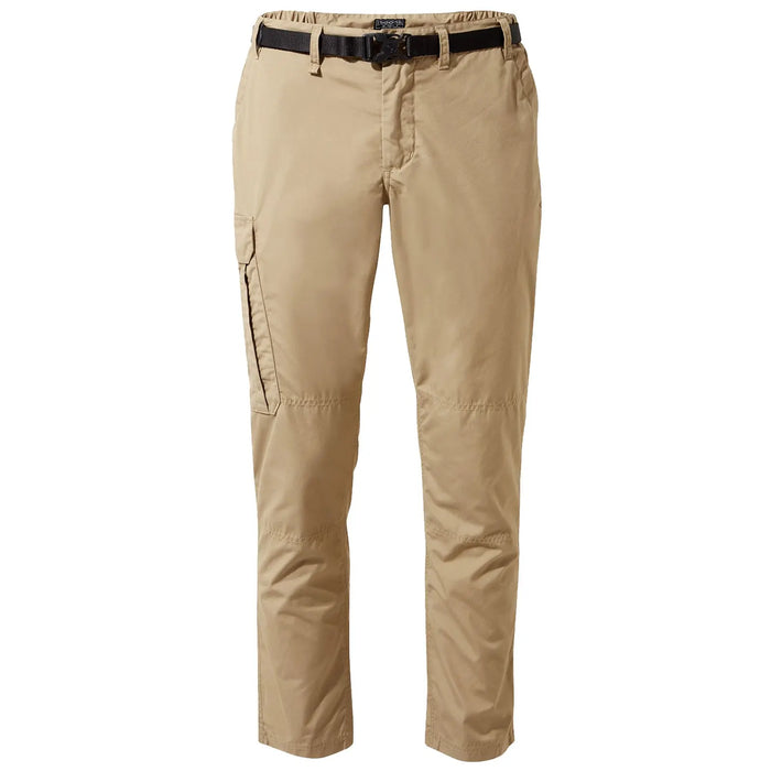 Beige cargo pants with a belt feature a side pocket and a tapered fit suitable for outdoor activities in casual or rugged environments. The fabric appears lightweight and durable.