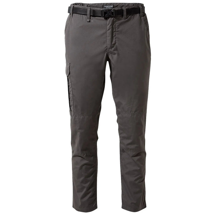 Gray cargo pants with a belt are displayed standing upright featuring multiple pockets for storage in a neutral setting focused on functionality and outdoor use.