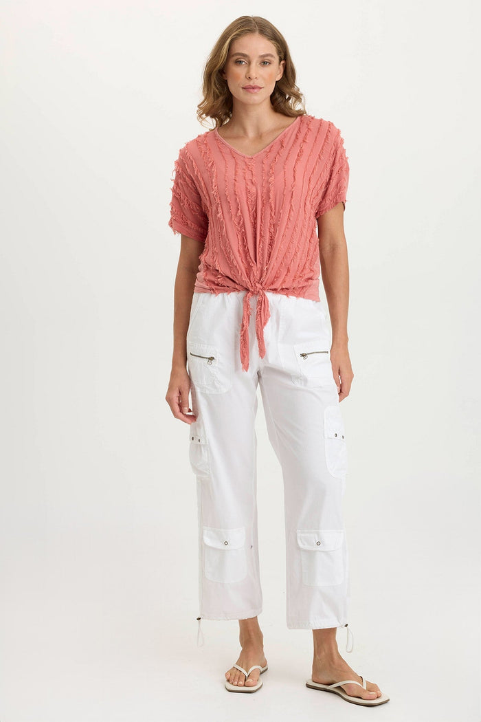 XCVI Curine Stripe Voile/Jersey Knotted V-Neck Top