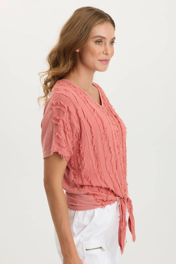 XCVI Curine Stripe Voile/Jersey Knotted V-Neck Top