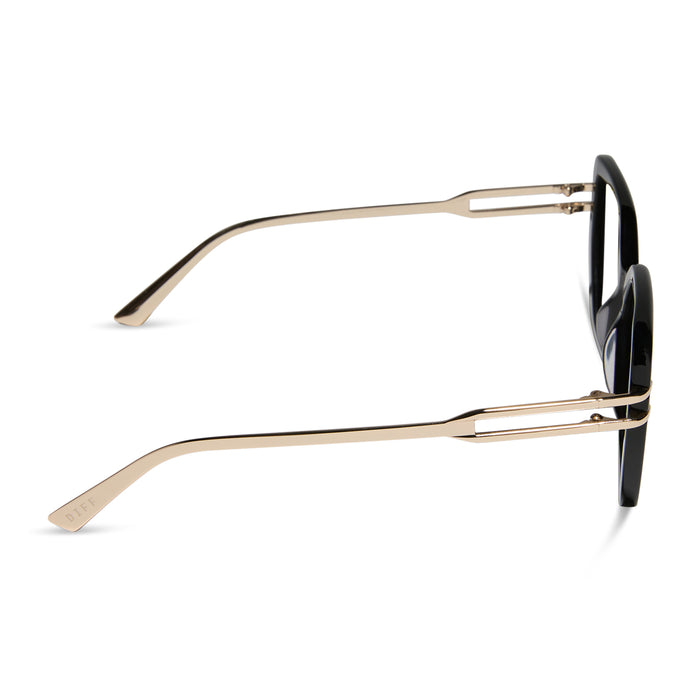 diff eyewear dasha square prescription glasses with a black frame and gold metal temples side view