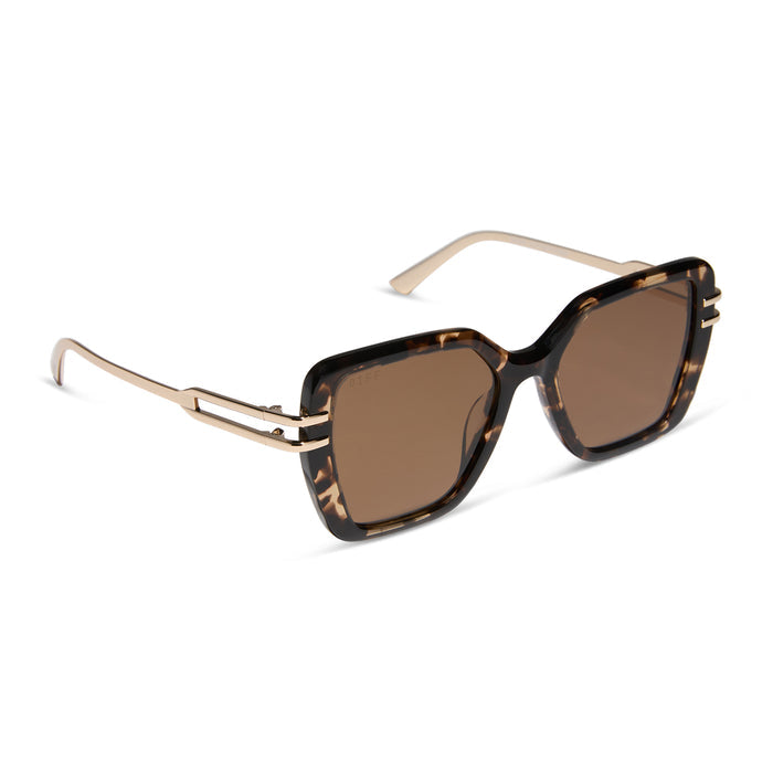 diff eyewear featuring the dasha square sunglasses with a espresso tortoise with gold frame and brown polarized lenses angled view