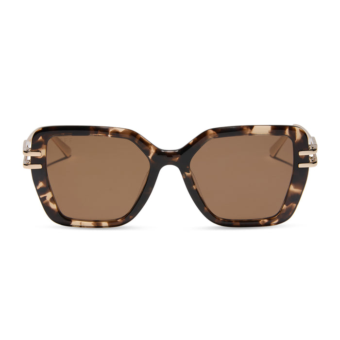 diff eyewear featuring the dasha square sunglasses with a espresso tortoise with gold frame and brown polarized lenses front view
