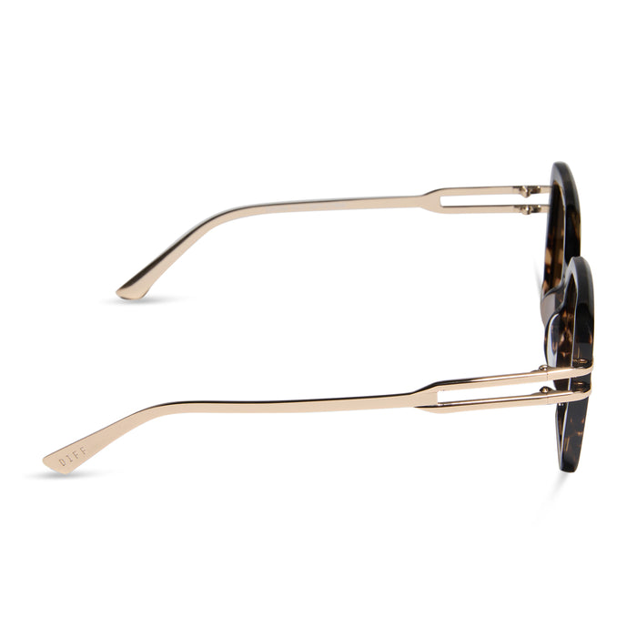diff eyewear featuring the dasha square sunglasses with a espresso tortoise with gold frame and brown polarized lenses side view