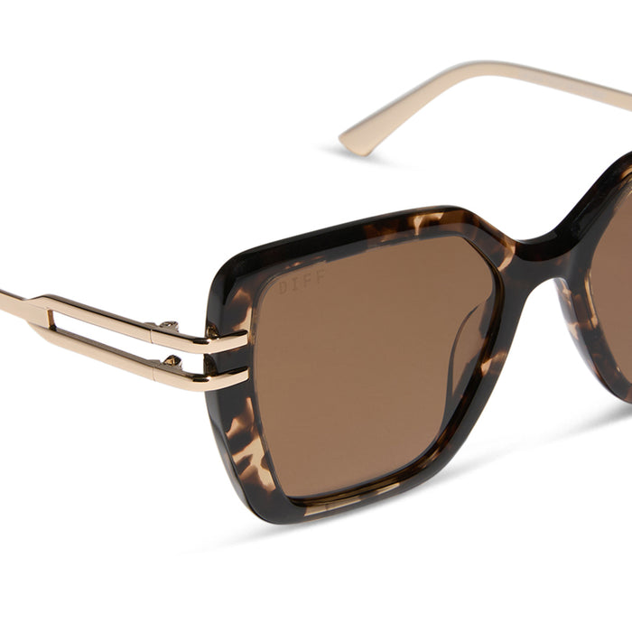 diff eyewear featuring the dasha square sunglasses with a espresso tortoise with gold frame and brown polarized lenses detailed view