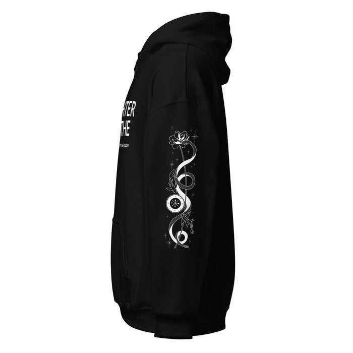 Daughter of Lethe Hoodie - The Bean Workshop - Alex Stern literary quote hoodie, Bookish Streetwear, Bookworm Gift, Cozy Fan Merch, Dark academia hoodie for book lovers, Fantasy Book Apparel, Gift for Readers, Gothic Clothing, leigh bardugo, Leigh Bardugo Daughter of Lethe merch, Lethe House, Ninth House hoodie with sleeve print, Ouroboros Tattoo Design, Yale's Ancient Eight