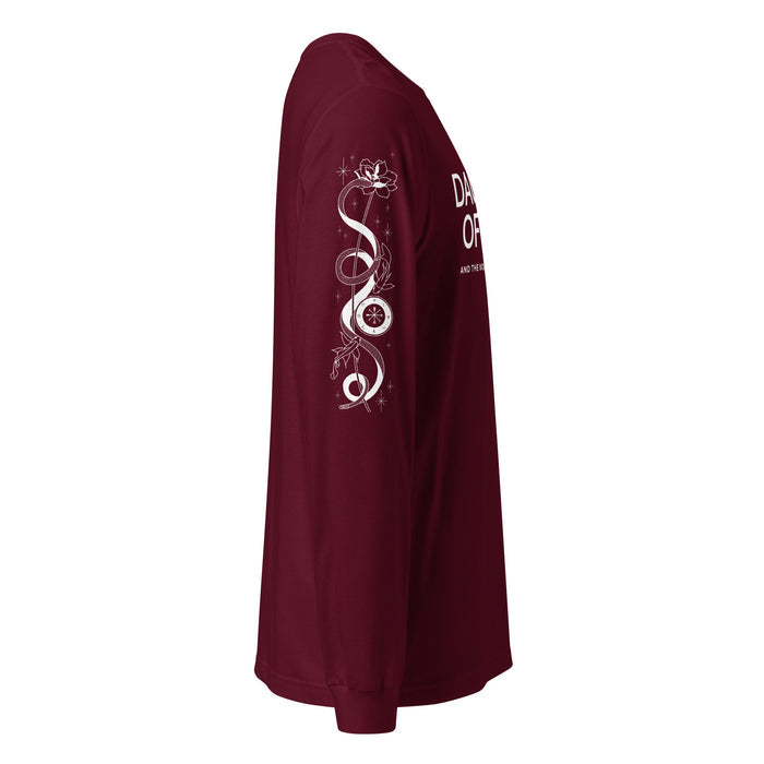 Daughter of Lethe Long-Sleeve Tee - The Bean Workshop - Alex Stern tattoo sleeve shirt, Book Quote Apparel, Bookworm Fashion, Dark academia clothing for fans, Daughter of Lethe shirt with sleeve print, Detailed Book Merch, Fantasy Reader Gift, Gothic Aesthetic, Leigh Bardugo book merchandise, Lethe House, Literary Gift, Ninth House long-sleeve shirt, Ouroboros Design