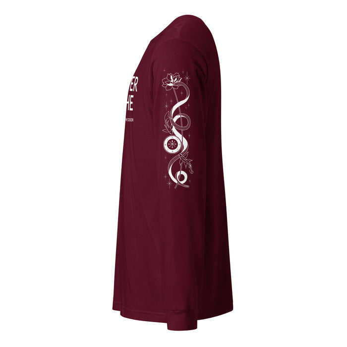 Daughter of Lethe Long-Sleeve Tee - The Bean Workshop - Alex Stern tattoo sleeve shirt, Book Quote Apparel, Bookworm Fashion, Dark academia clothing for fans, Daughter of Lethe shirt with sleeve print, Detailed Book Merch, Fantasy Reader Gift, Gothic Aesthetic, Leigh Bardugo book merchandise, Lethe House, Literary Gift, Ninth House long-sleeve shirt, Ouroboros Design