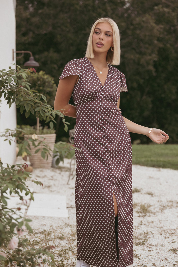 Petal and Pup USA DRESSES Dean Maxi Dress - Brown Polka Dot