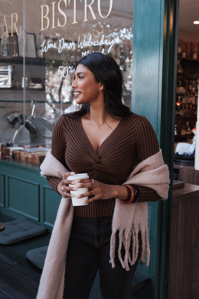 Petal and Pup USA TOPS Demi Twist Detail Knit Top - Brown