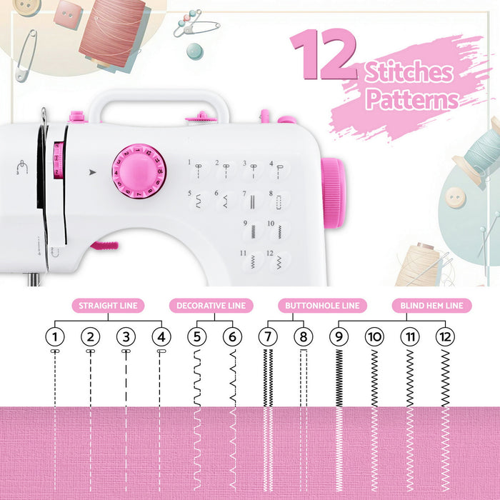 Devanti 12 Stitches Mini Sewing Machine for Beginners Portable Sewing Machine Kit with LED Lights - Devanti