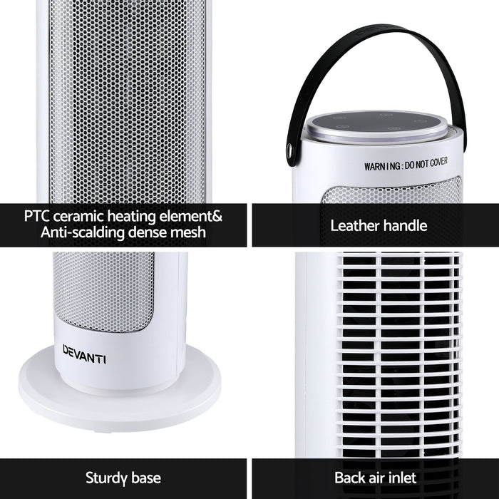 Devanti 2000W Ceramic Tower Heater Space Heaters Oscillating Indoor White - Devanti
