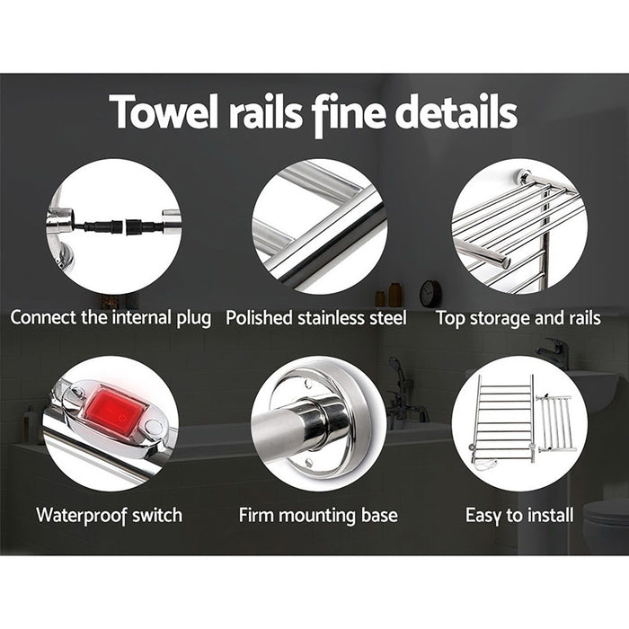 Devanti Electric Heated Towel Rail Rack 14 Bars Wall Mounted Clothes Dry Warmer -Home Living Store - -
