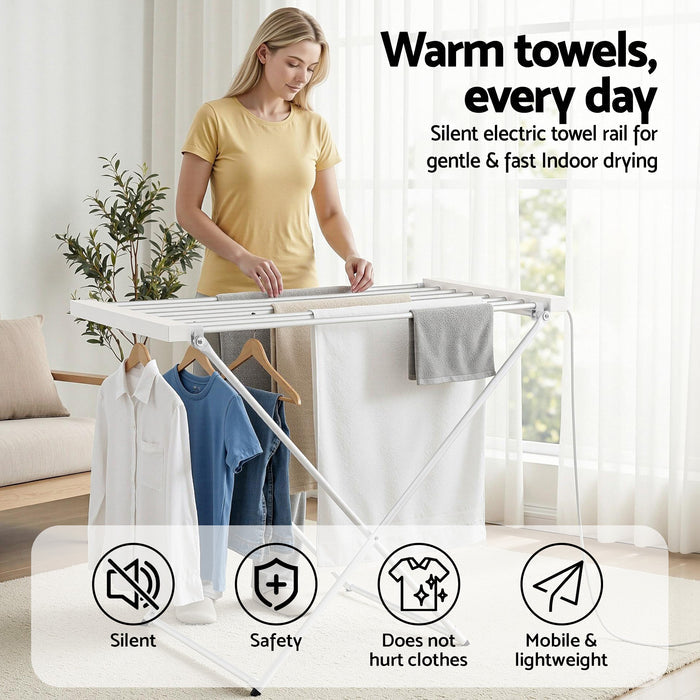 Devanti Heated Towel Rail Electric Clothes Airer Foldable Drying Rack 8 Bars - Devanti