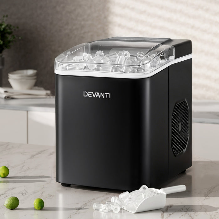 Devanti Ice Maker Machine Portable 12kg Countertop w/Self Cleaning 1.2L Black - Devanti
