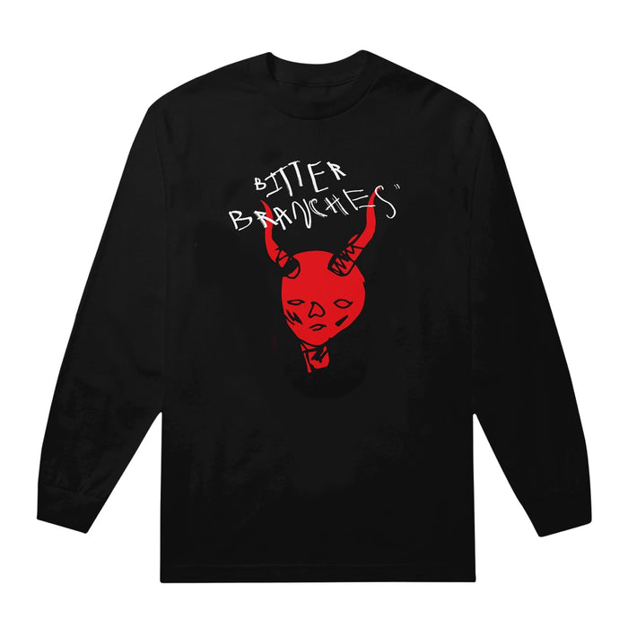 Black long sleeve shirt with BITTER BRANCHES written in white scratchy font across the chest. Below that is a messy drawing of a devil in red.