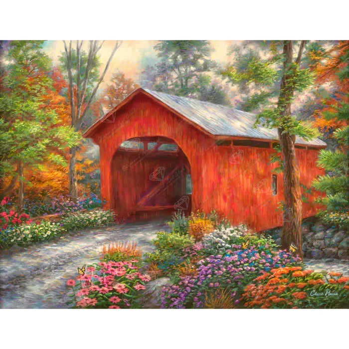 Diamond Art Club Red Covered Bridge Diamond Painting Kit