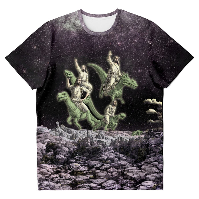Disco Jesus and the Dinosaurs Funny Fantasy Atheist Tee | Surreal Galaxy Collage Graphic Art T-Shirt