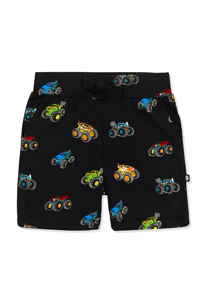 Drawstring Short in Monster Truck print on white background