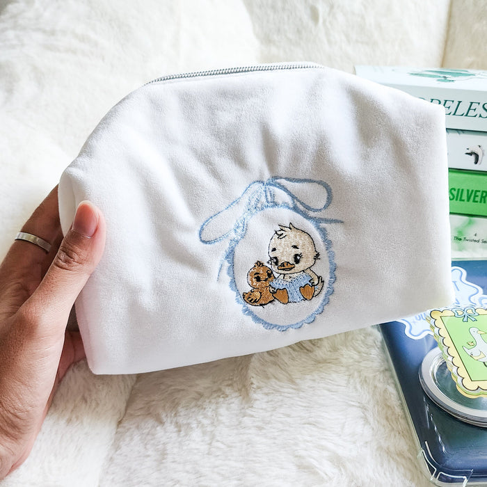Duck and Chick Book Club Zippered Pouch | Bookish Makeup & Reading Accessories Bag - The Bean Workshop - book club gift, book girlie, bookish gift, bookish pouch, bow, coquette, gift for book lovers, kindle bag, makeup bag, quilted pouch, reading accessories, reading accessories bag, zipper pouch