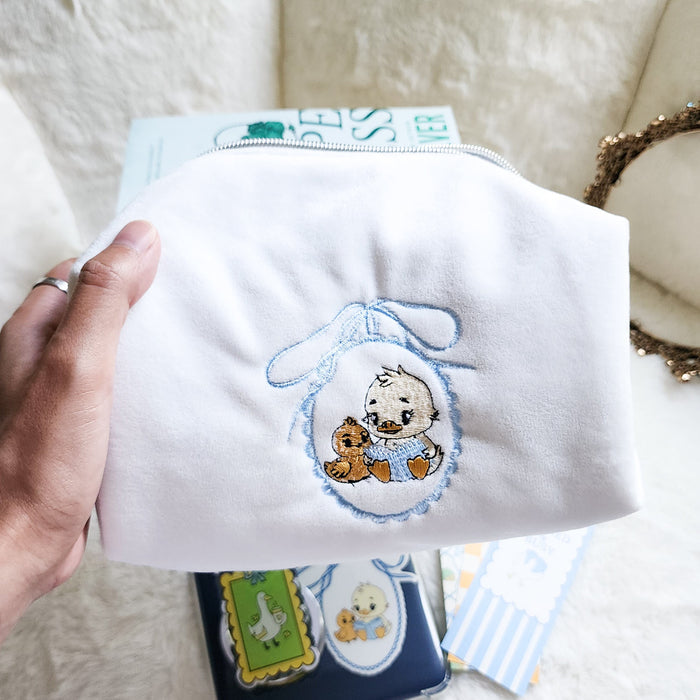 Duck and Chick Book Club Zippered Pouch | Bookish Makeup & Reading Accessories Bag - The Bean Workshop - book club gift, book girlie, bookish gift, bookish pouch, bow, coquette, gift for book lovers, kindle bag, makeup bag, quilted pouch, reading accessories, reading accessories bag, zipper pouch