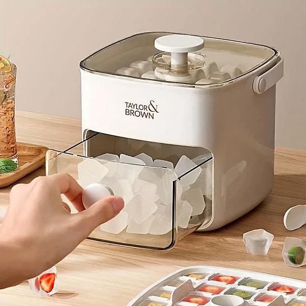 Easy Press Ice Cube Maker with Lid and Bin  48 Cube Reusable Silicone Tray for Parties & Bars