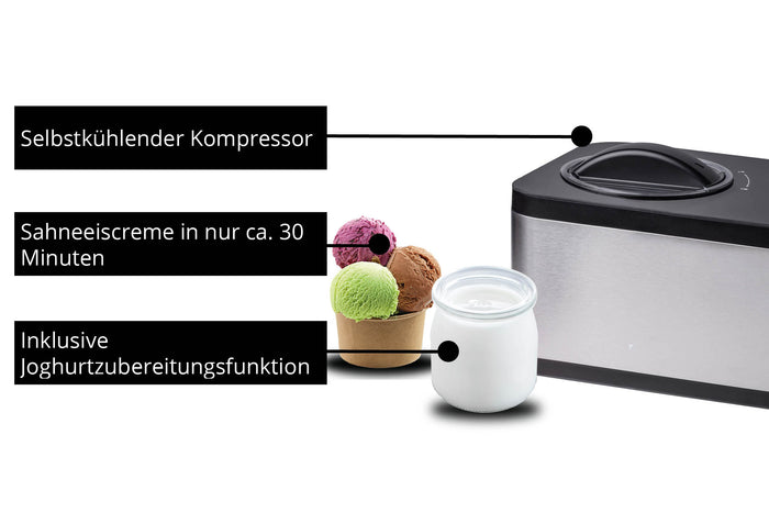 Die Unold Eismaschine & Joghurtbereiter EVA, eine Eismaschine aus rostfreiem Stahl mit Griff, ist mit einer Schüssel mit drei Schaufeln und einem Joghurtbecher ausgestattet. Eigenschaften: selbstkühlender Kompressor, stellt Eis in 30 Minuten her, mit Joghurtzubereitungsfunktion.