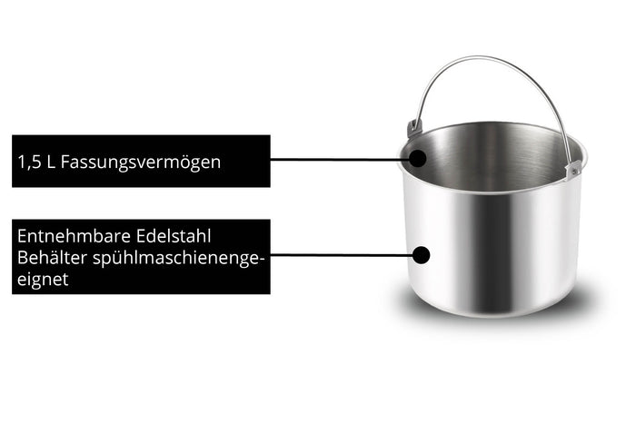 Die Unold Eismaschine & Joghurtbereiter EVA verfügt über einen abnehmbaren, spülmaschinengeeigneten Edelstahlbehälter mit Griff, der mit "1,5 L Fassungsvermögen" und "Entnehmbare Edelstahlbehälter spülmaschinengeeignet" beschriftet ist.