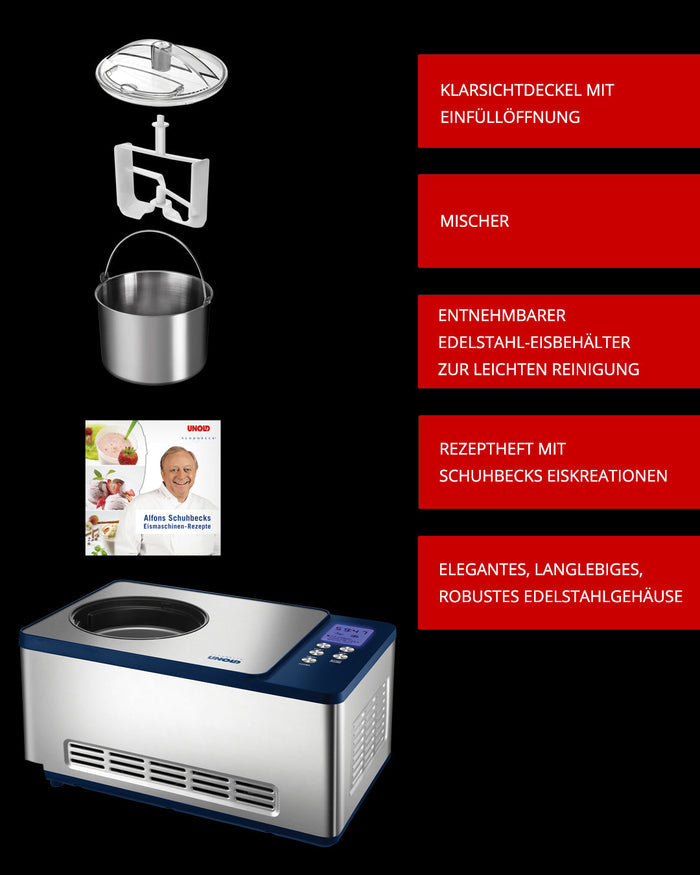 Die Unold Eismaschine Schuhbeck Exklusiv 1,5 L B-Ware wird mit transparentem Deckel, Mixer, herausnehmbarem Edelstahlbehälter und Rezeptheft geliefert – alles übersichtlich auf schwarzem Hintergrund dargestellt.