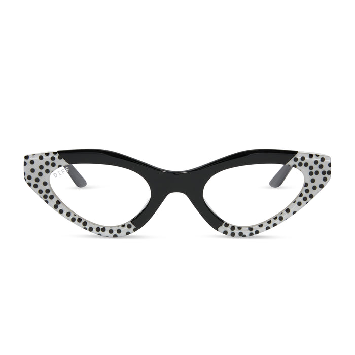 emily in paris x diff eyewear featuring the emily 2.0 cat eye prescription glasses with a midnight polka dot frame front view