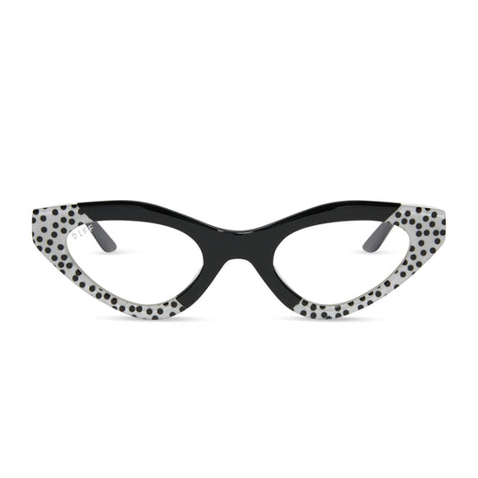 emily in paris x diff eyewear featuring the emily 2.0 cat eye prescription glasses with a midnight polka dot frame front view