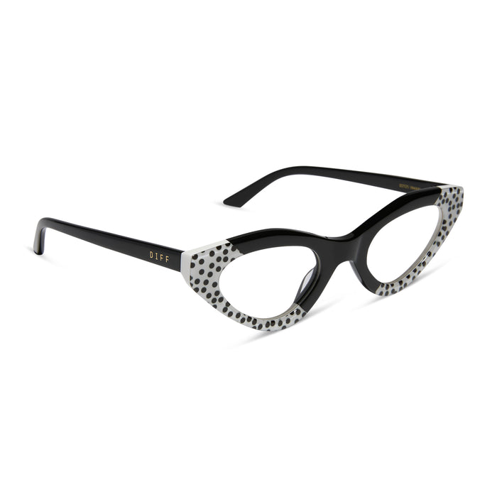 emily in paris x diff eyewear featuring the emily 2.0 cat eye prescription glasses with a midnight polka dot frame angled view