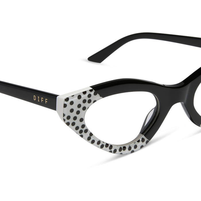 emily in paris x diff eyewear featuring the emily 2.0 cat eye prescription glasses with a midnight polka dot frame detailed view