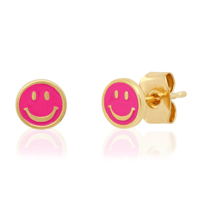 Enamel Smiley Face Studs in Pink