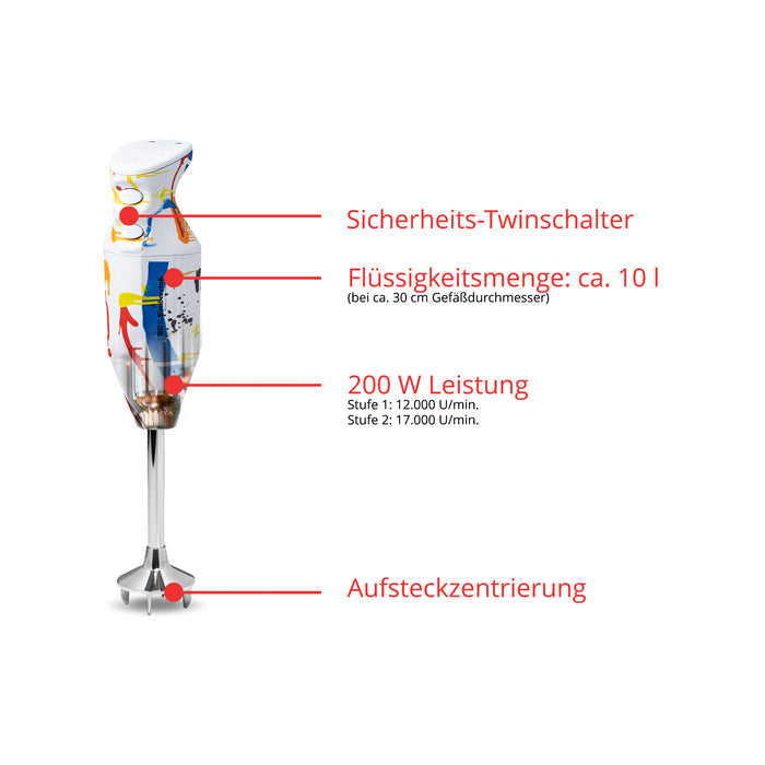 Der ESGE-Zauberstab Design Edition Pop Art von Unold AG verfügt über ein farbenfrohes Spritzerdesign, einen Sicherheits-Doppelschalter, 10L Flüssigkeitsvolumen, 200W Leistung, zwei Geschwindigkeiten (12.000 & 17.000 U/min) und ein steckbares Zentriersystem.