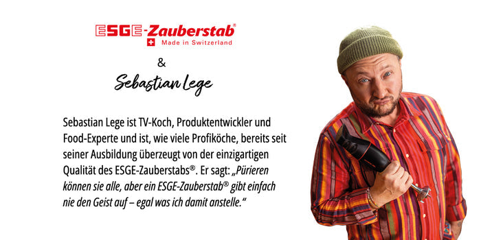 Ein Mann mit grüner Mütze und gestreiftem Hemd hält einen Unold ESGE-Zauberstab E 120 Select + Magic Fusion Creme Stabmixer. Darüber befinden sich das ESGE-Zauberstab-Logo, sein Name und ein deutscher Text, der ihn als Fernsehkoch darstellt, der den Stabmixer empfiehlt.
