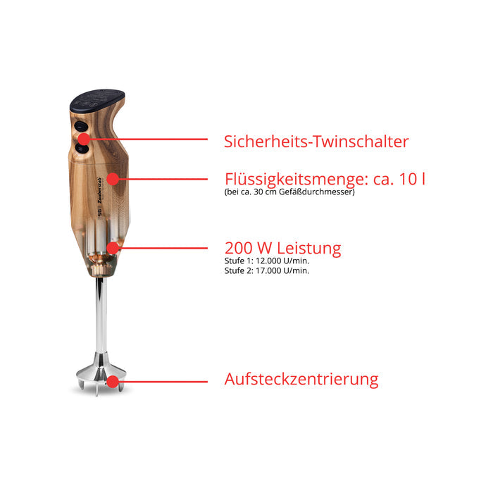 Der ESGE-Zauberstab Design Edition Douglasie Stabmixer von ESGE-Zauberstab verfügt über einen Sicherheits-Doppelschalter, ein Fassungsvermögen von ca. 10 Litern, eine Leistung von 200 Watt (12.000/17.000 Umdrehungen pro Minute), eine Plug-in-Zentrierung, eine Holzoberfläche und einen Metall-Mixerschaft.