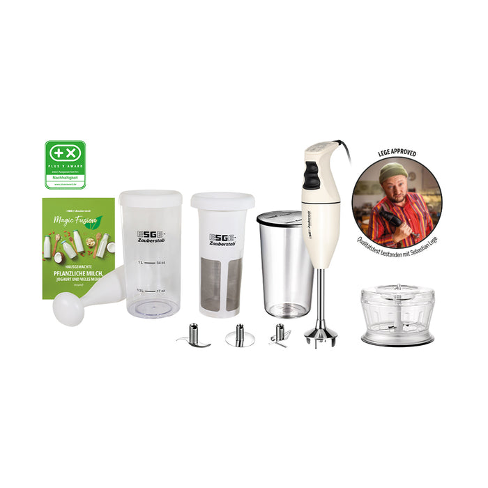Das Unold ESGE-Zauberstab E 120 Select + Magic Fusion Creme Set besteht aus einem Stabmixer, einem Zerkleinerer, einem Messbecher, Behältern, Metallaufsätzen und einem Stößel und zeigt ein rundes Foto eines lächelnden Kochs in Rot.