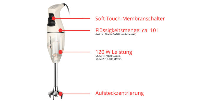 Der Unold ESGE-Zauberstab E 120 Select + Magic Fusion Creme Stabmixer verfügt über einen Soft-Touch-Membranschalter, ca. 10 Liter Fassungsvermögen für Flüssigkeiten, 120 W Leistung mit zwei Geschwindigkeitsstufen und Zentrierung des Bodensteckers.