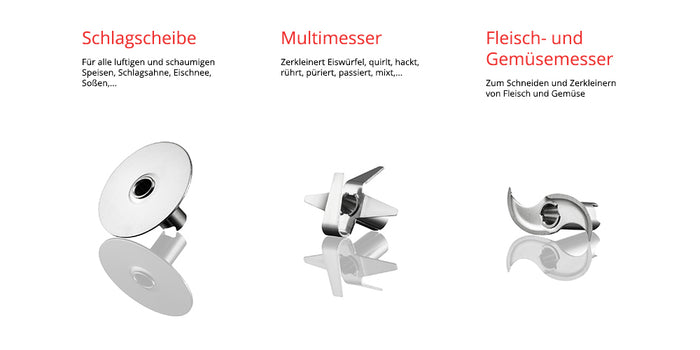 Der Unold ESGE-Zauberstab E 120 Select + Magic Fusion Creme enthält drei Klingen: eine Schneidescheibe (links), eine Mehrzweckschneidescheibe (Mitte) und eine Fleisch-/Gemüsescheibe (rechts), die jeweils in deutscher Sprache beschriftet sind.