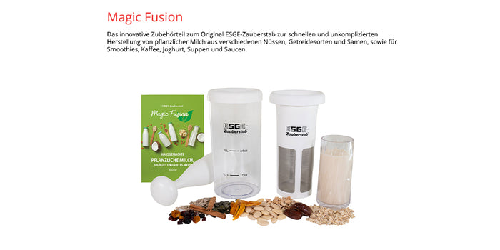 Die Abbildung zeigt den Unold ESGE-Zauberstab E 120 Select + Magic Fusion Creme mit Zubehör: Bedienungsanleitung, zwei Behälter, Holzstößel, Messlöffel, Siebfilter, sowie vorne verschiedene Nüsse/Samen/Körner. Der deutsche Text steht oben.