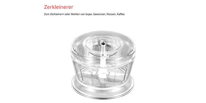 Der Unold ESGE-Zauberstab E 120 Select + Magic Fusion Creme ist ein transparenter Lebensmittelzerkleinerer mit zentraler Klinge, ideal zum Zerkleinern oder Mahlen von Gewürzen, Nüssen oder Kaffee; der deutsche Text oben erklärt diese Verwendungsmöglichkeiten.
