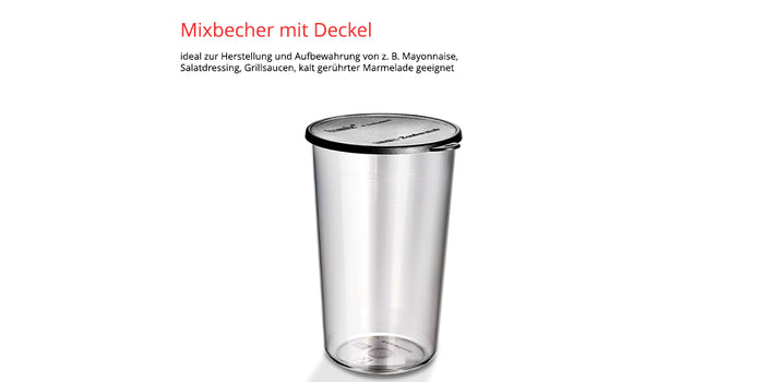 Der Unold ESGE-Zauberstab E 120 Select + Magic Fusion Creme, hier aufrecht mit aufgesetztem Deckel auf weißem Grund, ist ideal für die Aufbewahrung von Mayonnaise, Salatdressing, Grillsaucen und gerührter Marmelade. Der deutsche Text oben beschreibt seine Verwendungsmöglichkeiten.
