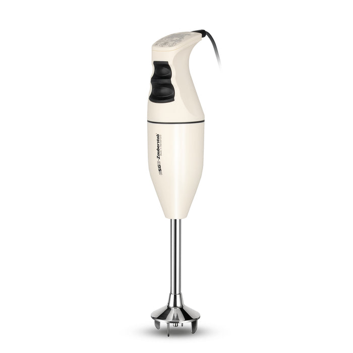 Der ESGE-Zauberstab M100 Exklusiv Edition von ESGE-Zauberstab ist ein weißer Stabmixer mit schwarzem Griff, zwei Bedienknöpfen und einem Edelstahl-Mixerschaft und -messer, der aufrecht auf einem schlichten weißen Hintergrund steht.